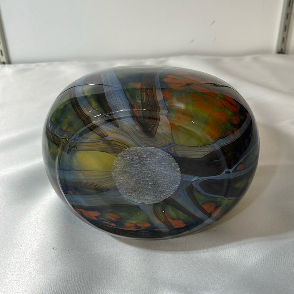 Signed Hand Blown  Glass Vase Yellow Blue Orange Oval By Romanian Artist - Picture 6 of 8